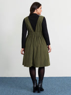 Corduroy Stretchy Waist V-Neck Midi Dress