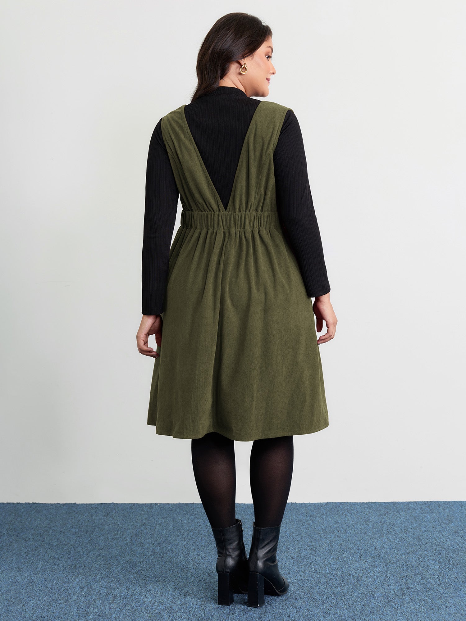 Corduroy Stretchy Waist V-Neck Midi Dress