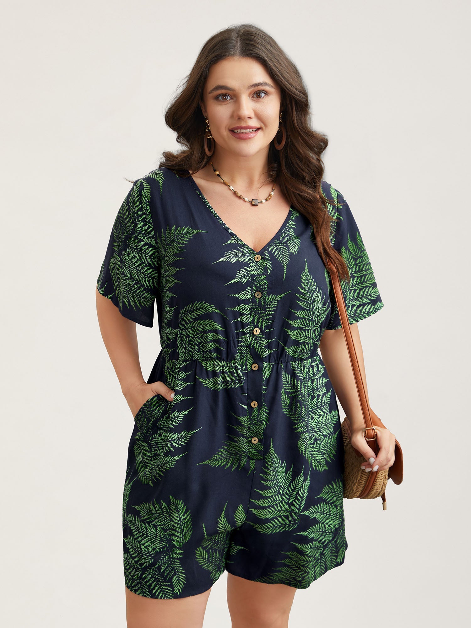 Tropical Leaf Print Pockets Button Romper