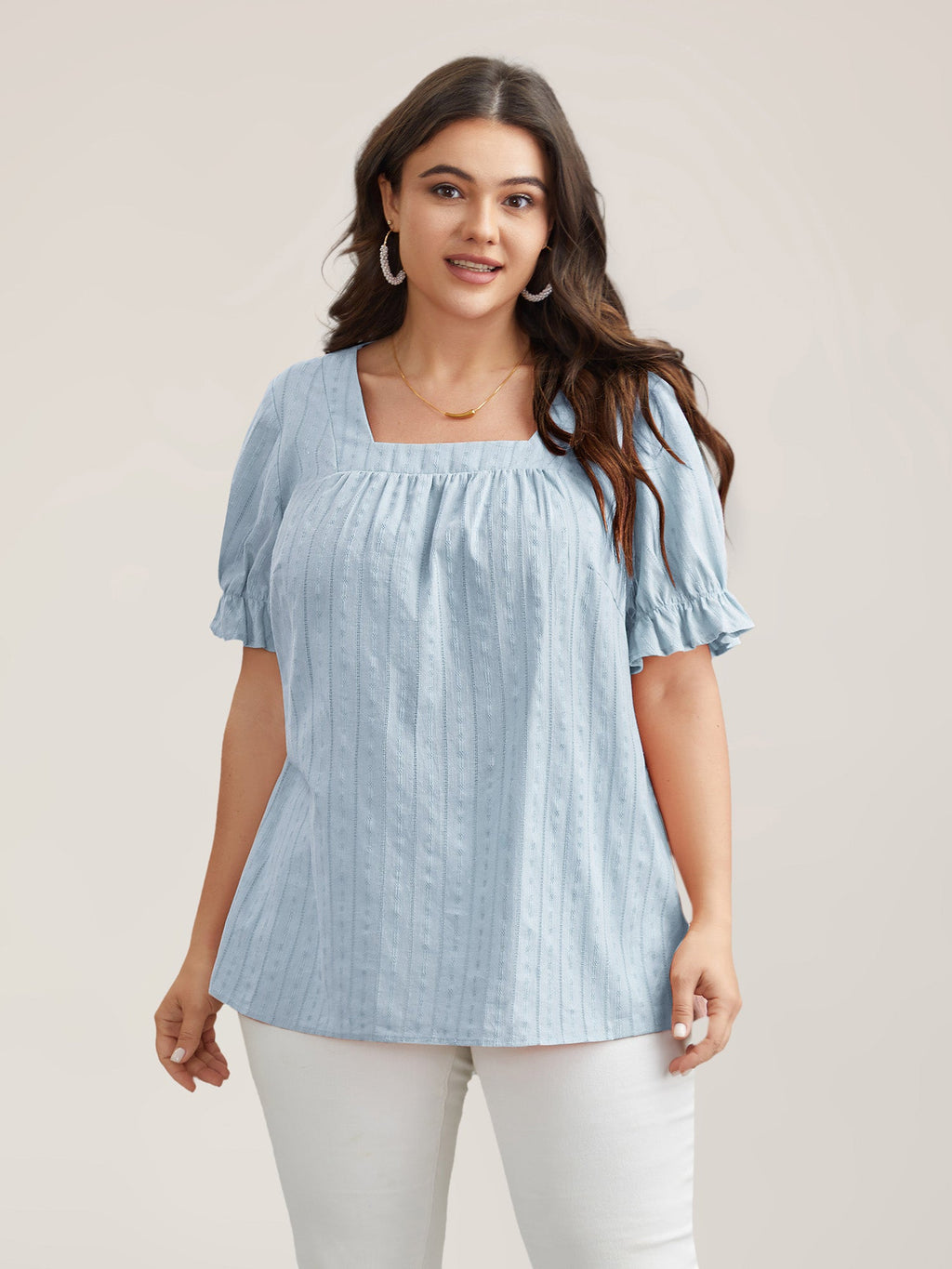 Cotton Square Neck Ruffled Sleeve Shirt