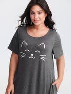 Happy Cat Print Stretchy Contrast Sleep Dress