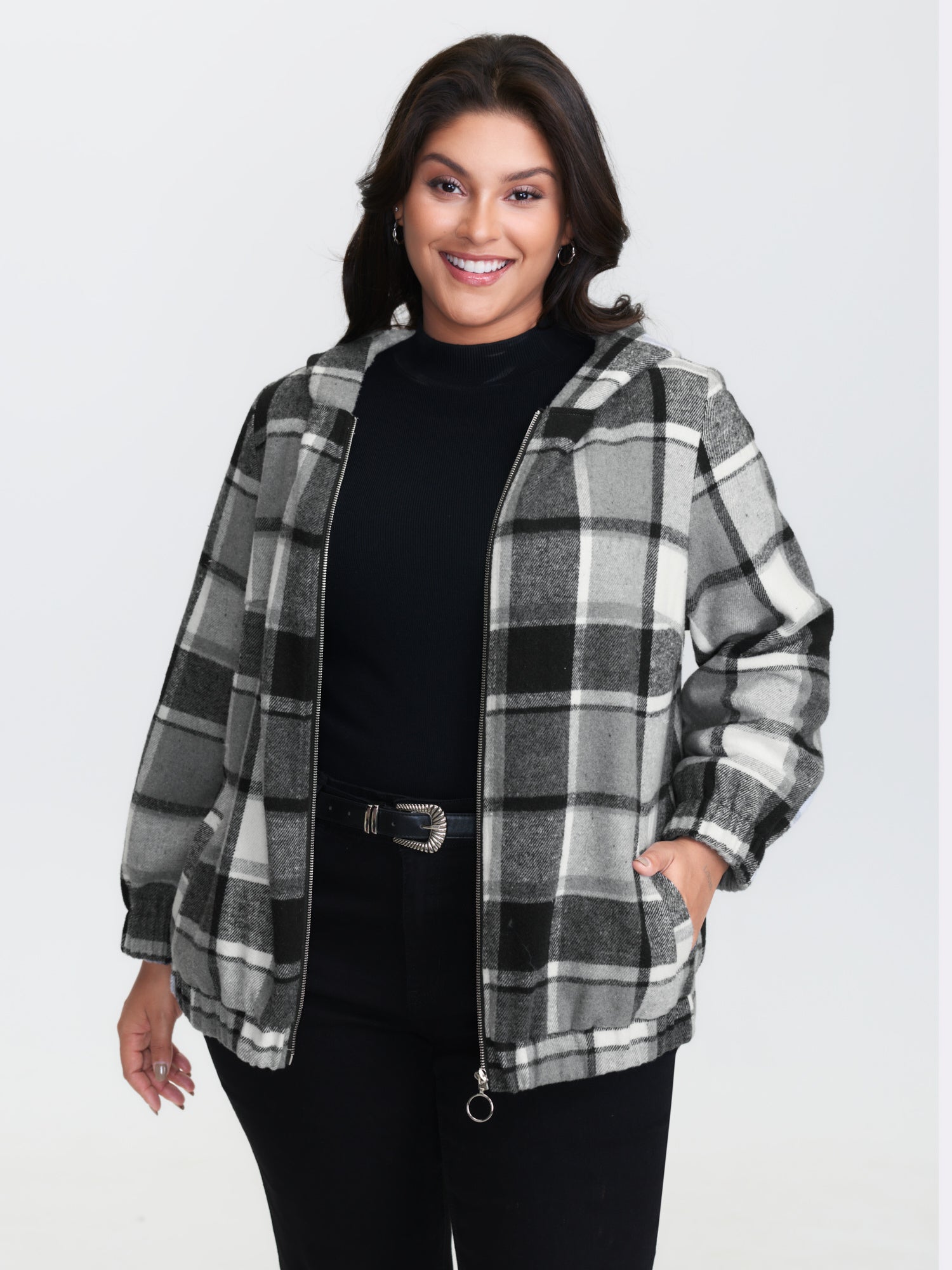 Checkered Pattern Lined Faux Fur Zipper Hoodie