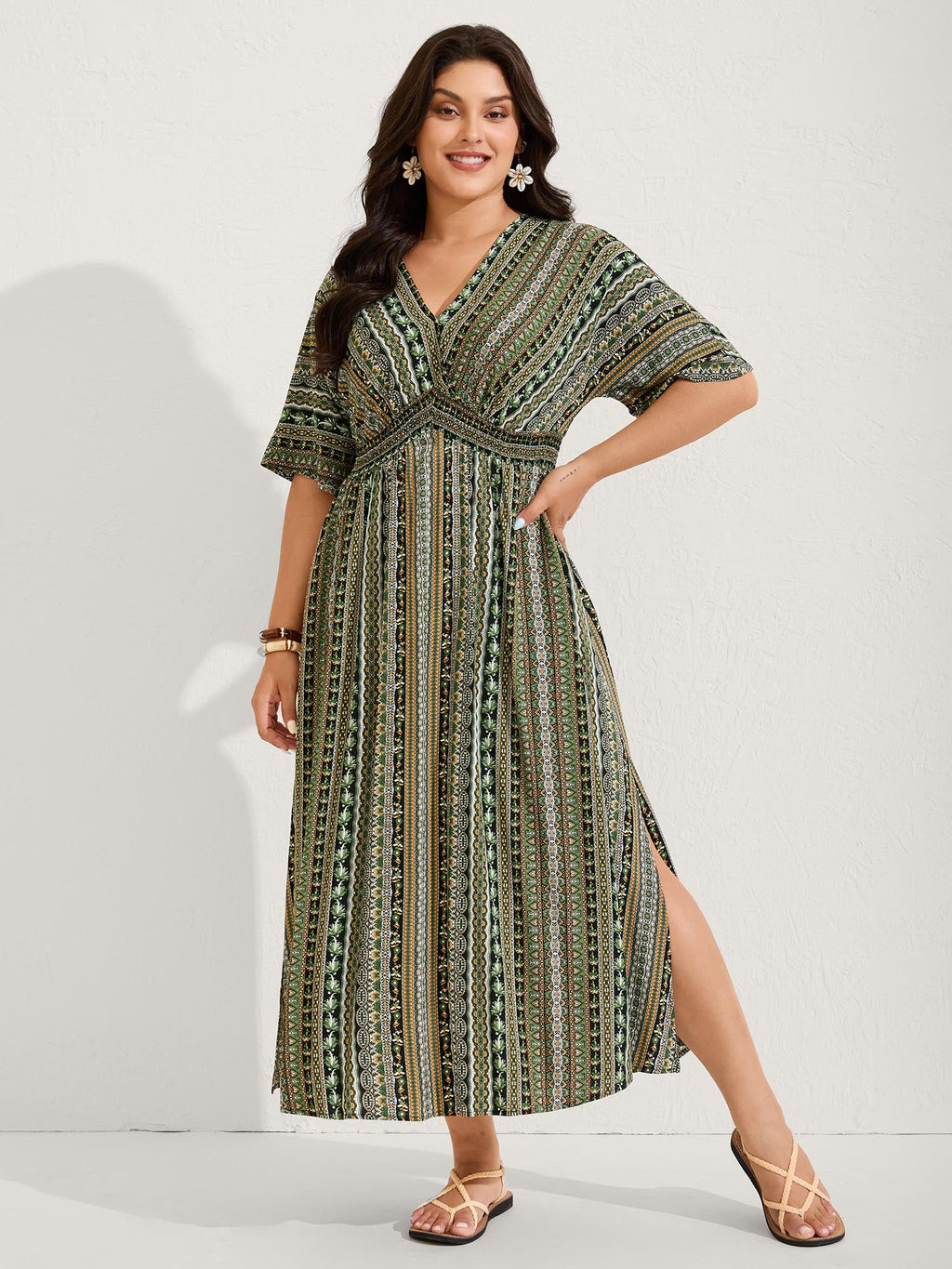 Striped Contrast Dolman Sleeve Shirred Pocket Split Flutter Dress