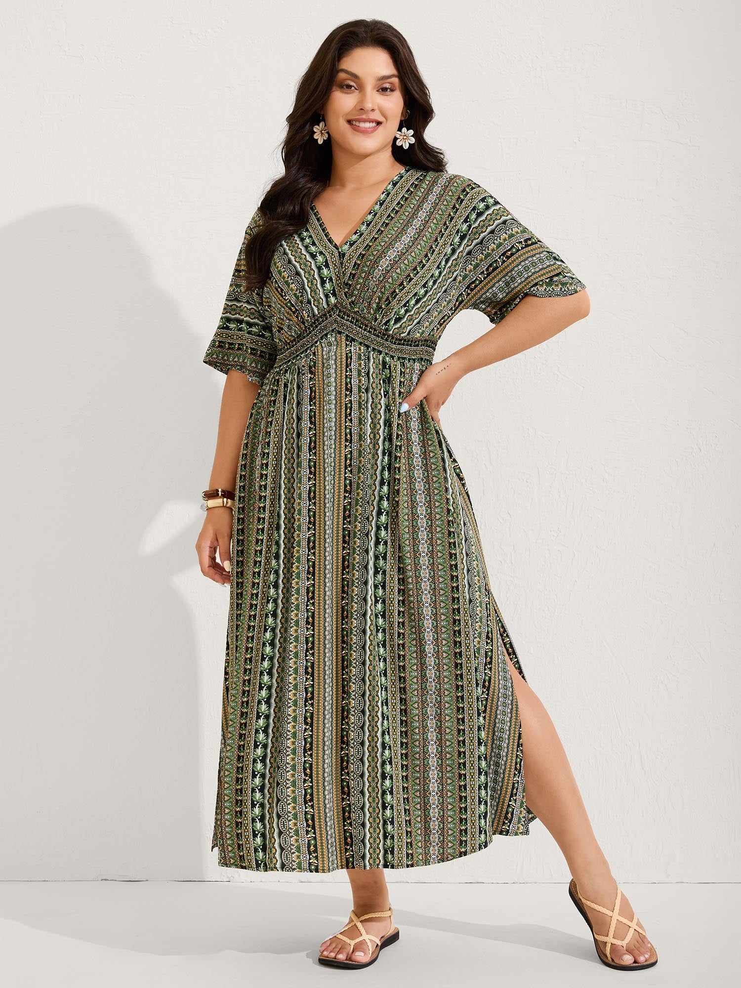 Striped Contrast Dolman Sleeve Shirred Pocket Split Flutter Dress