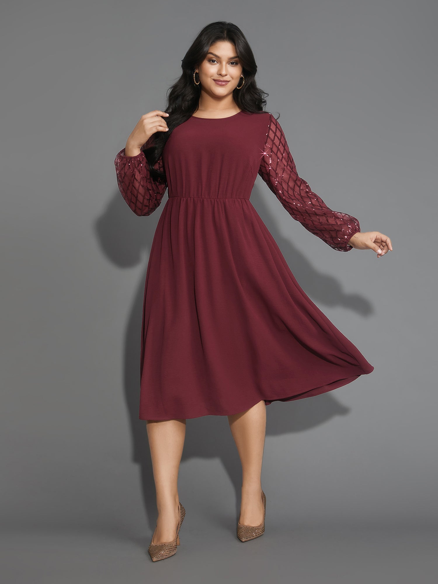 Texture Sequin Mesh Patchwork Belted Dress