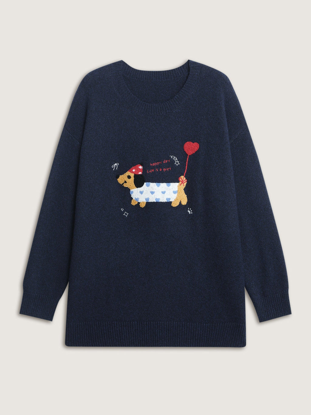 Happy Day Embroidered Motif Drop Shoulder Pullover