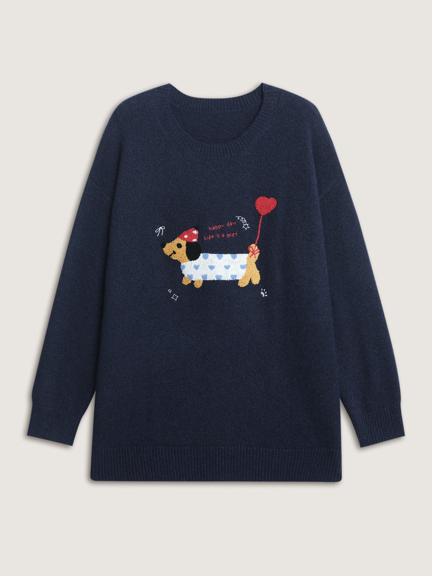 Happy Day Embroidered Motif Drop Shoulder Pullover