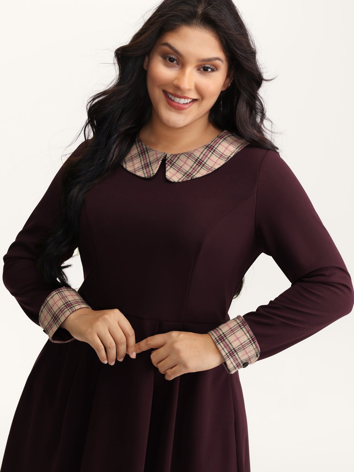 Plaid Collar Pleated Stretchy Waist Midi Dress