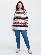 Boho Print Round Neck Ribbed Hem Pullover