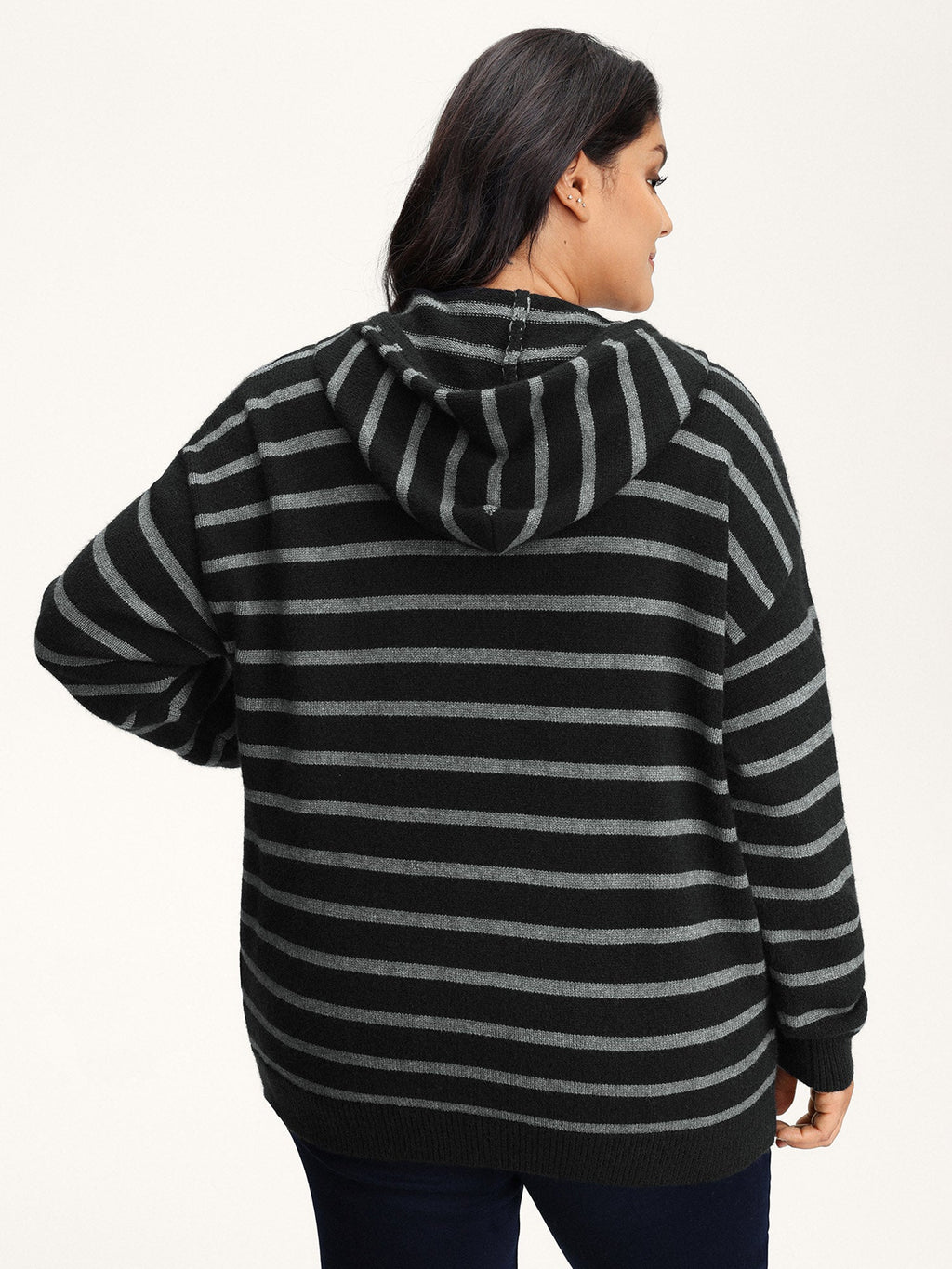 Supersoft Stripe Hooded Zipper Pockets Knit Cardigan