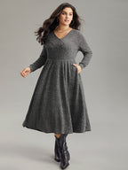 Rib Knit Plain Plisse Long Sleeve Dress