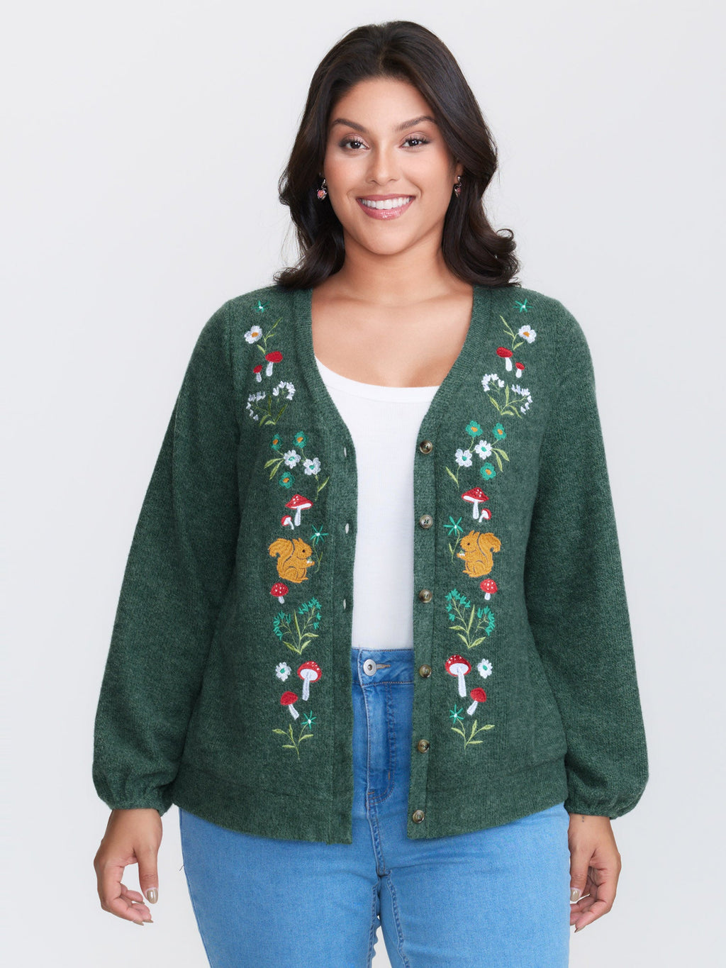 Squirrel Embroidered Button V-Neck Knit Cardigan