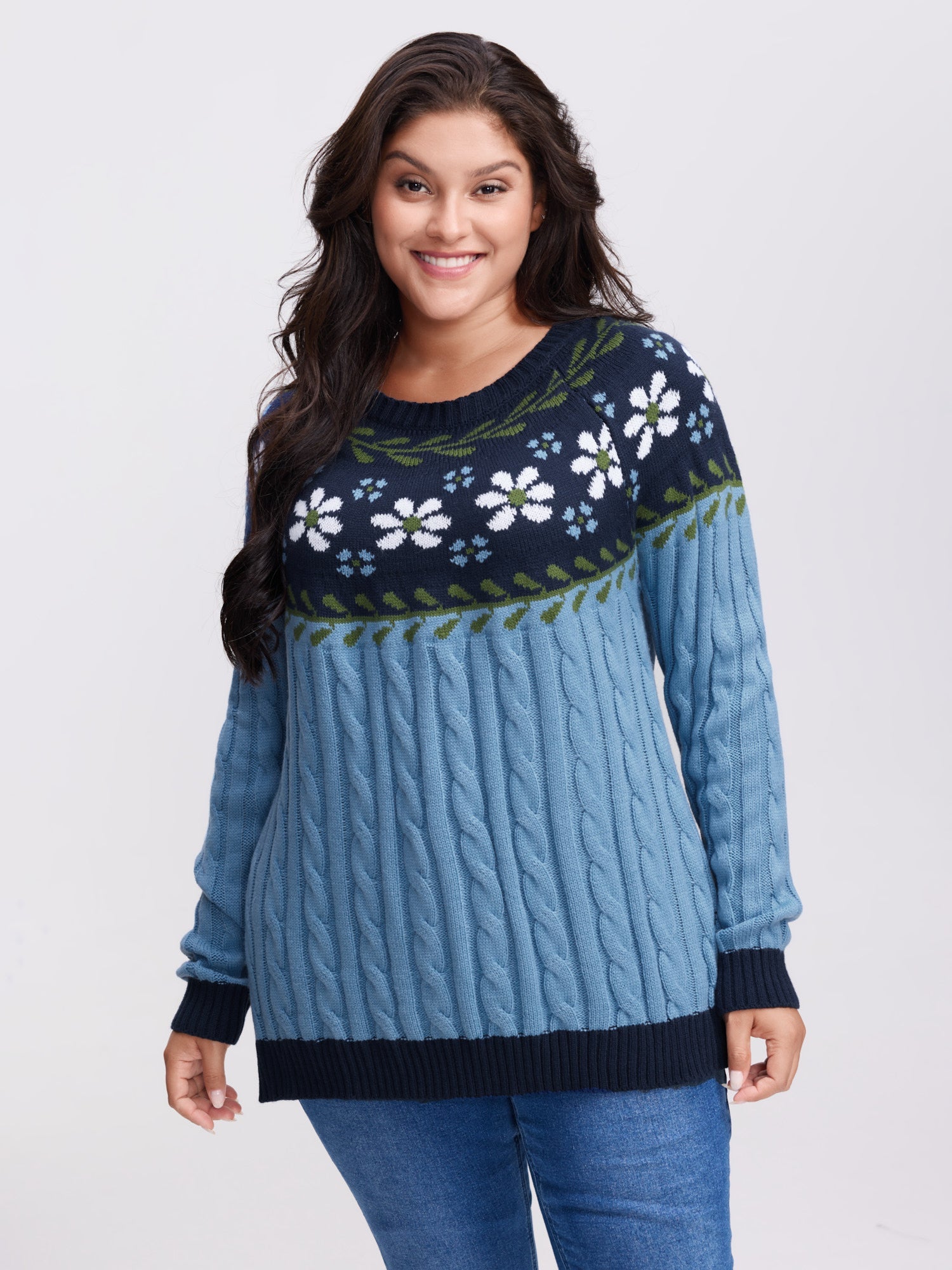 Cable Knit Jacquard Floral Contrast Pullover