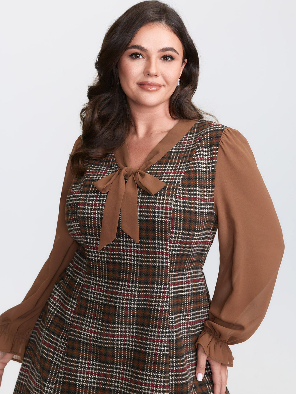 Vintage Check Tweed Ribbon Collar Midi Dress