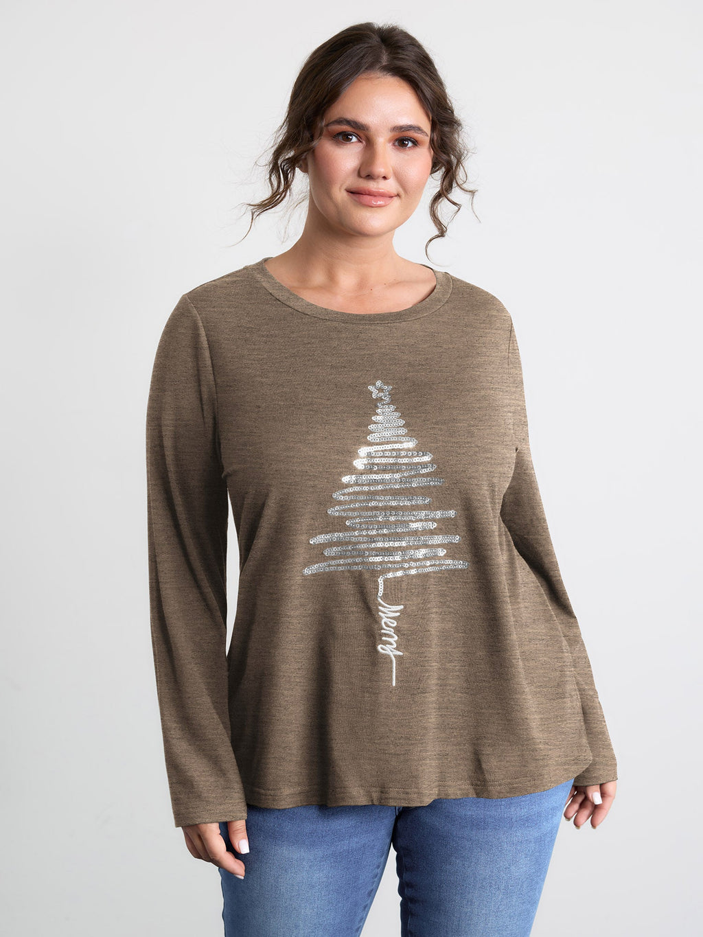 Sequin Cord Embroidered Tree Round Neck T-Shirt