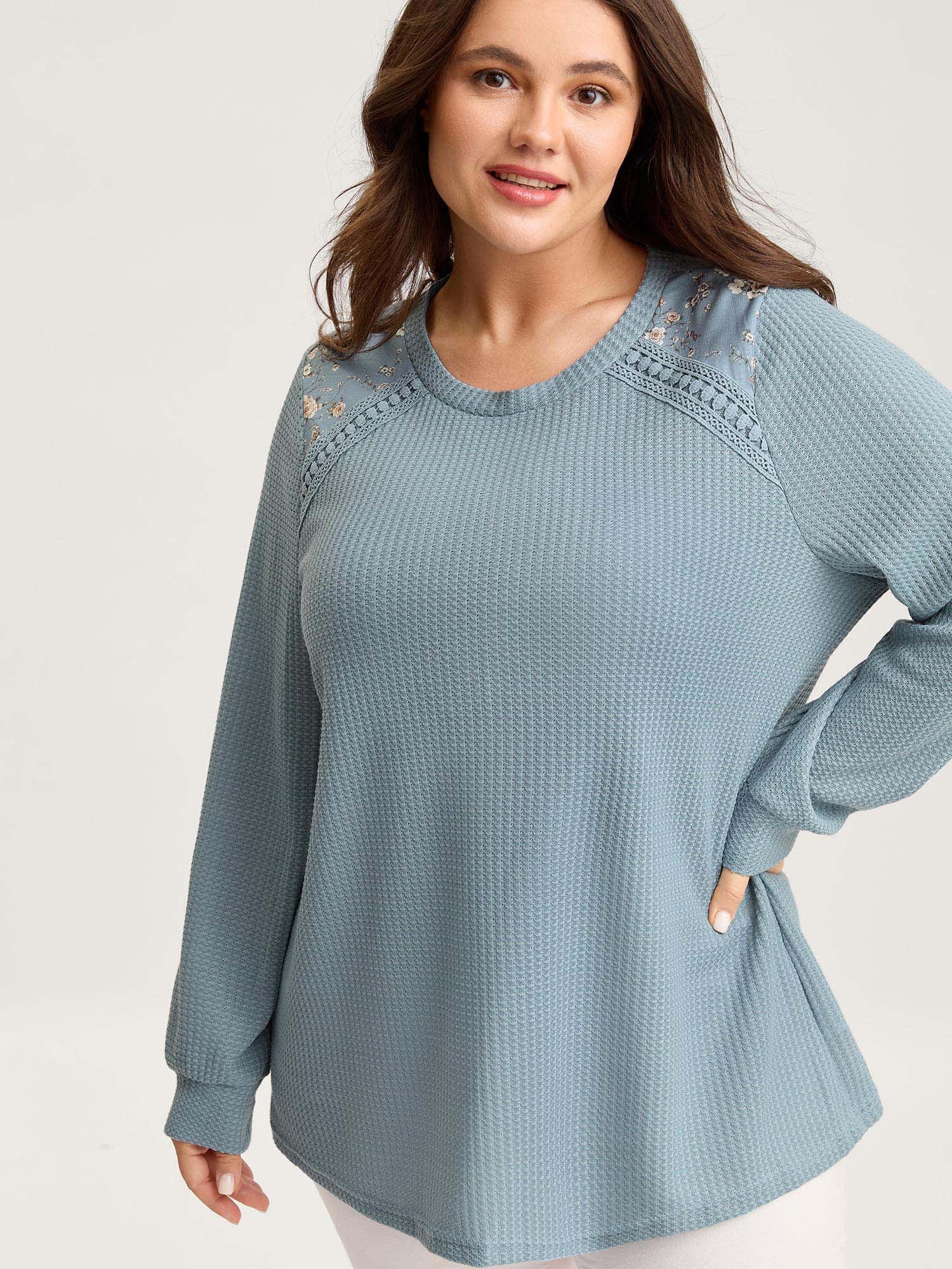 Waffle Spliced Floral Lace Sweatshirt