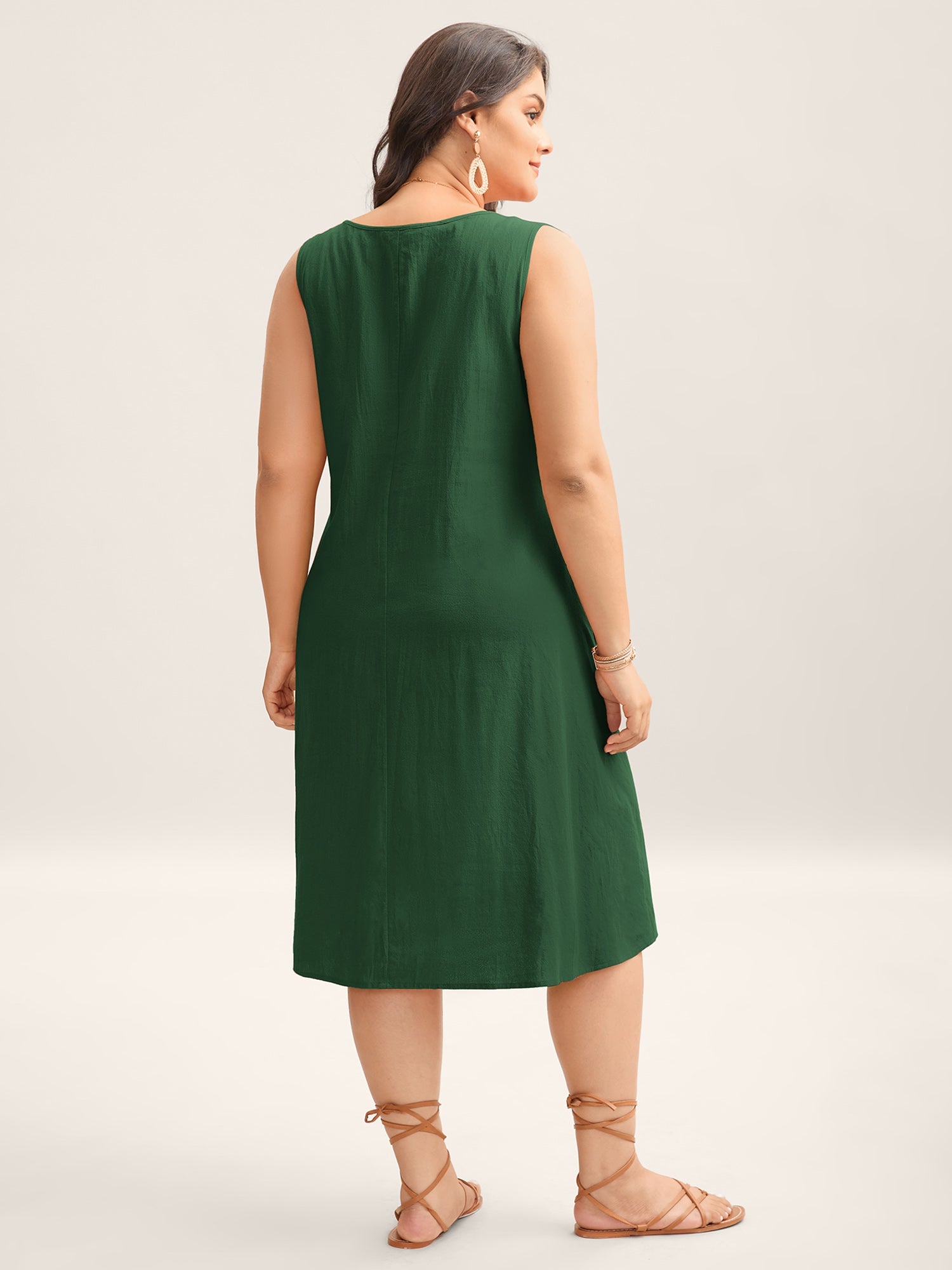 Cotton Toothpick Pleat Plain Midi Dress