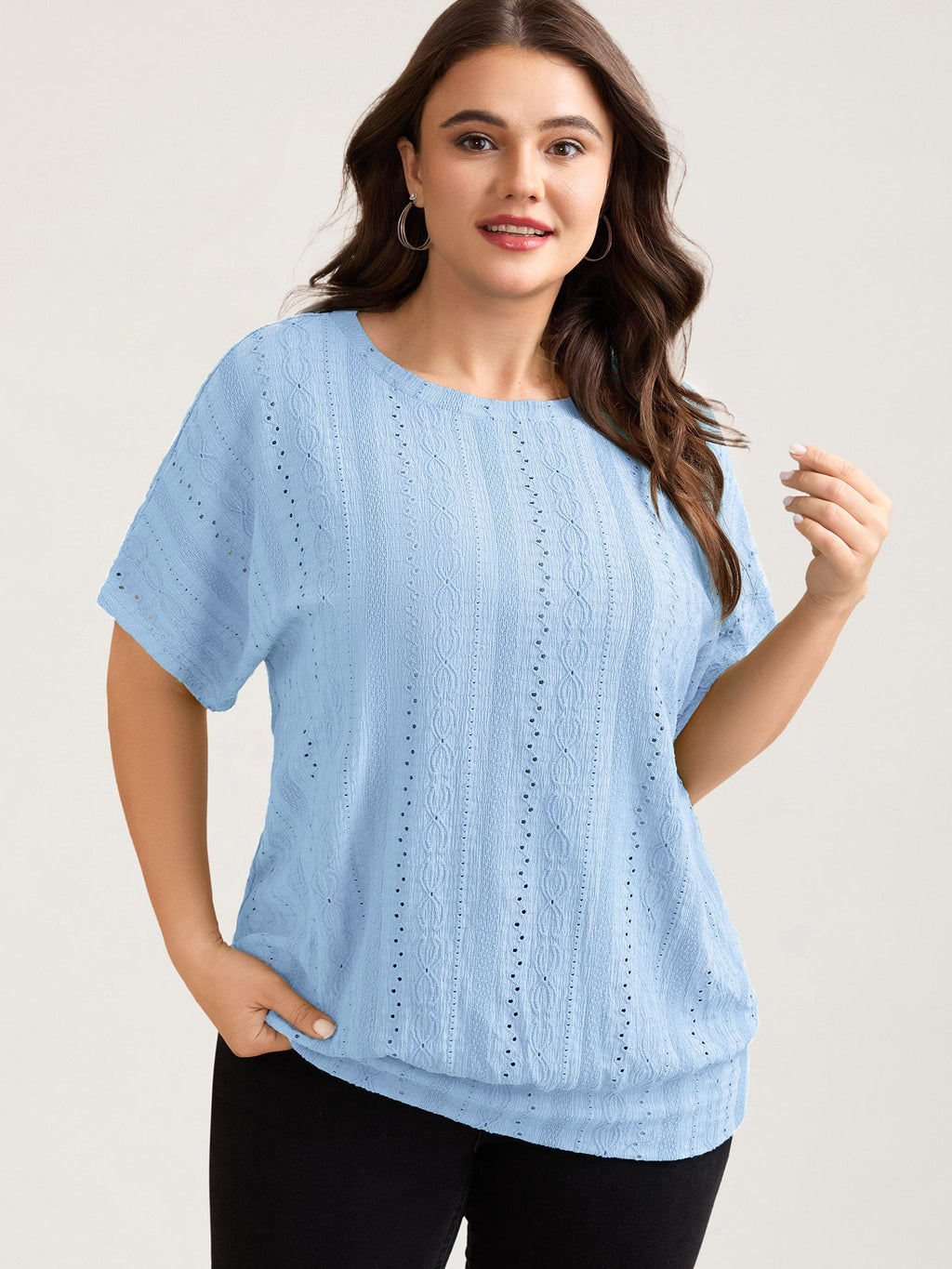 Eyelet Trim Stretchy Textured Plain Top