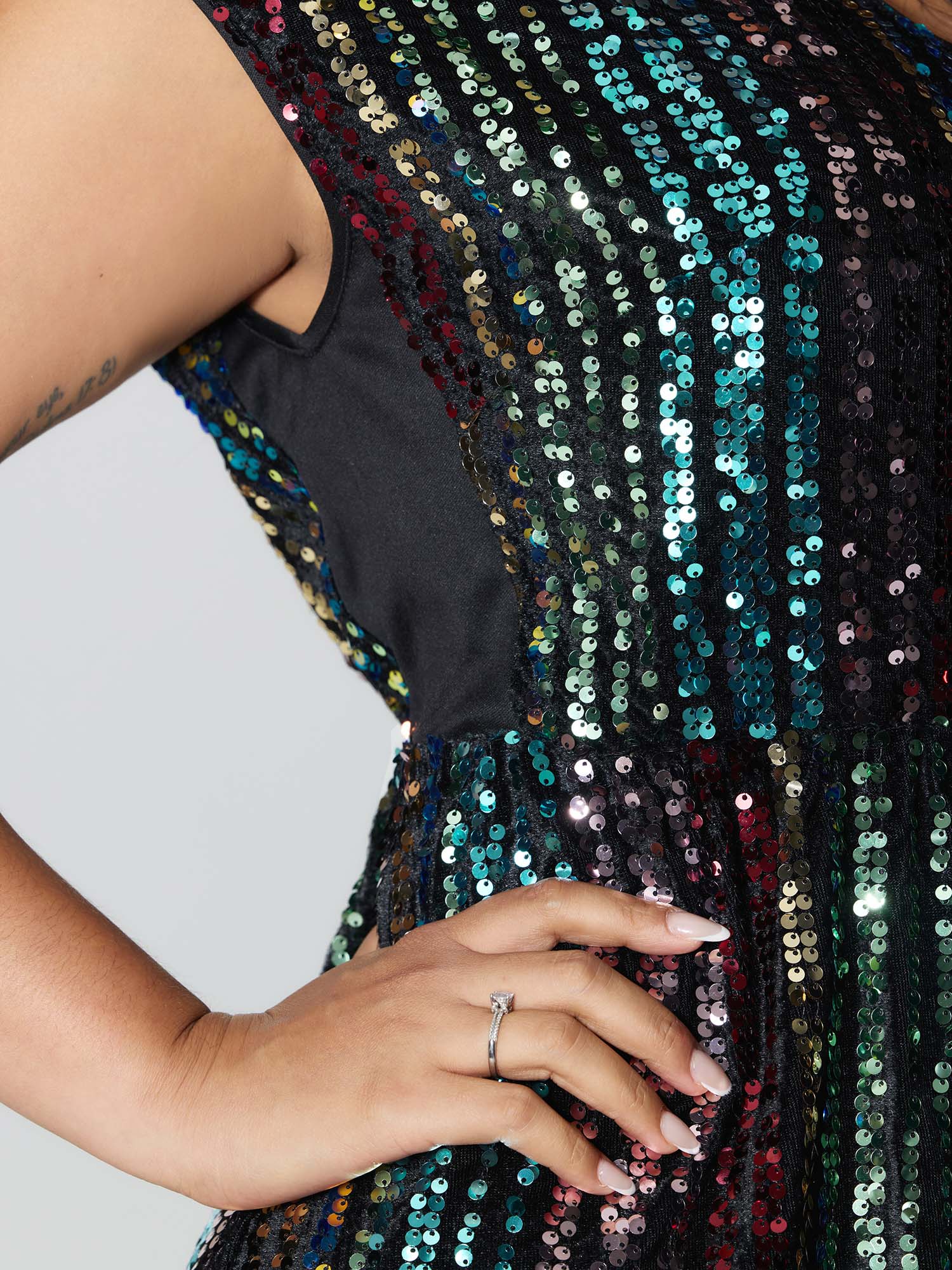 Shimmery Sequin Stripe Cinched-Waist Midi Dress