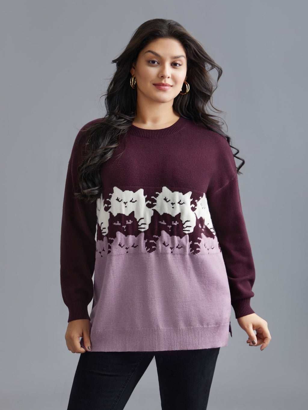 Cat Contrast Drop Shoulder Pullover