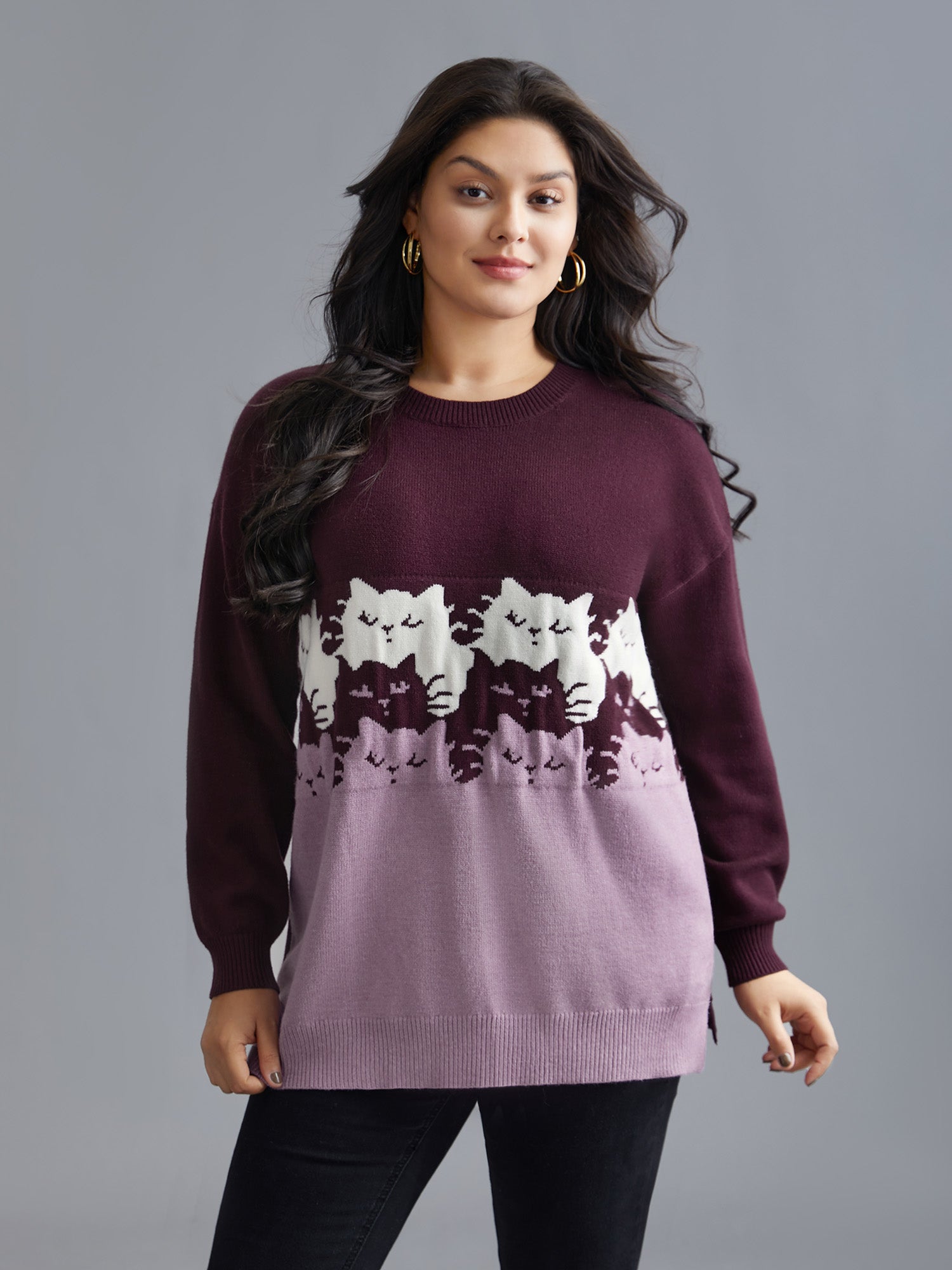 Cat Contrast Drop Shoulder Pullover