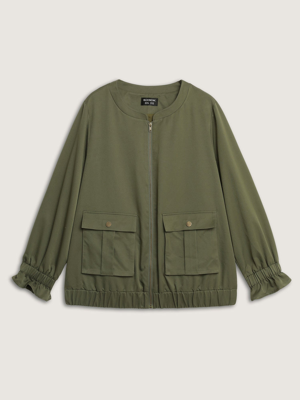 Lined Pockets Shirred Cuffs Zipper Jacket