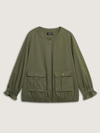 Lined Pockets Shirred Cuffs Zipper Jacket