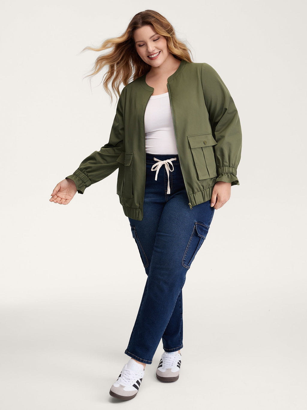 Lined Pockets Shirred Cuffs Zipper Jacket