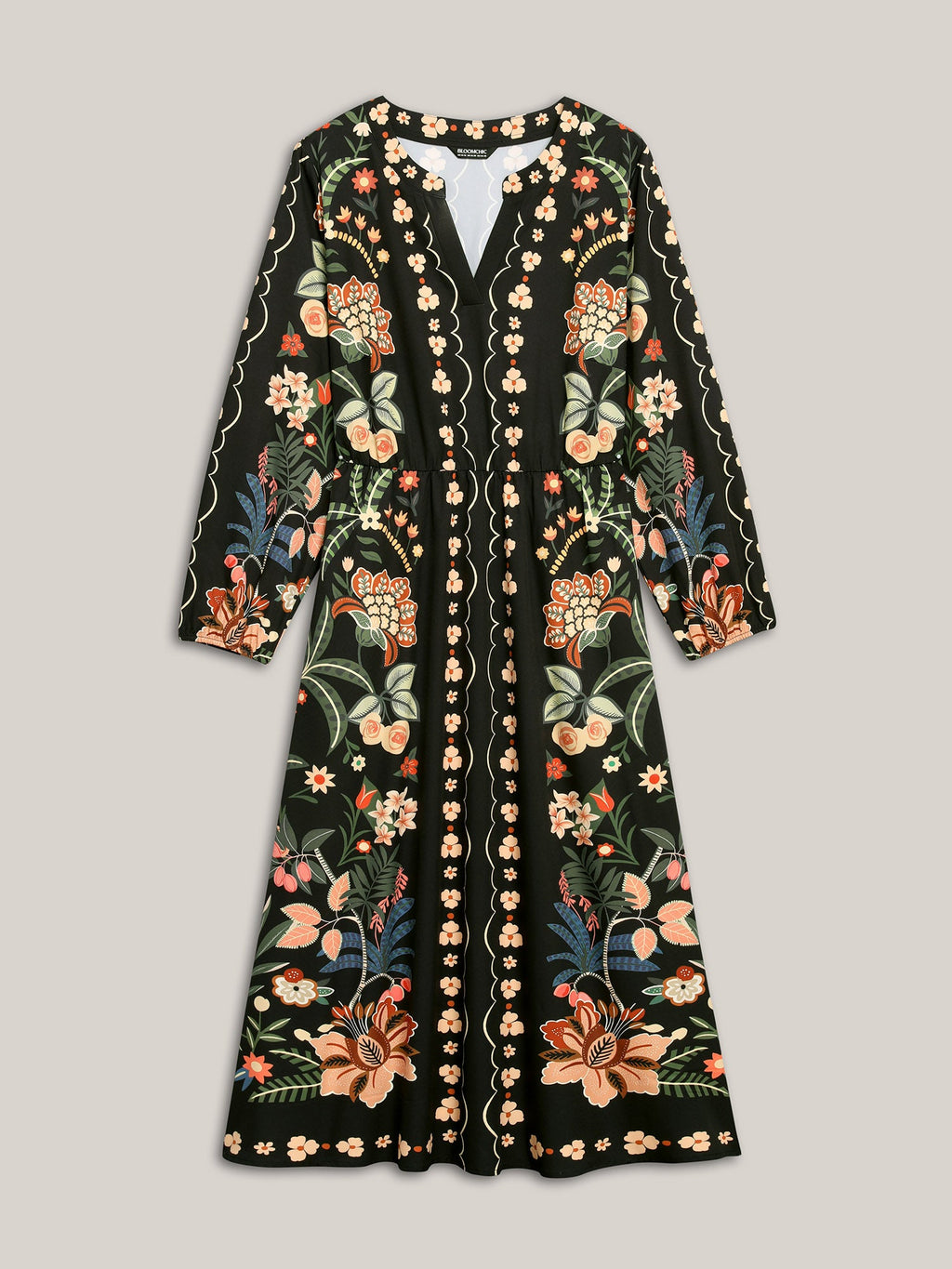 Floral Print Notched Collar Elastic Waist Dress