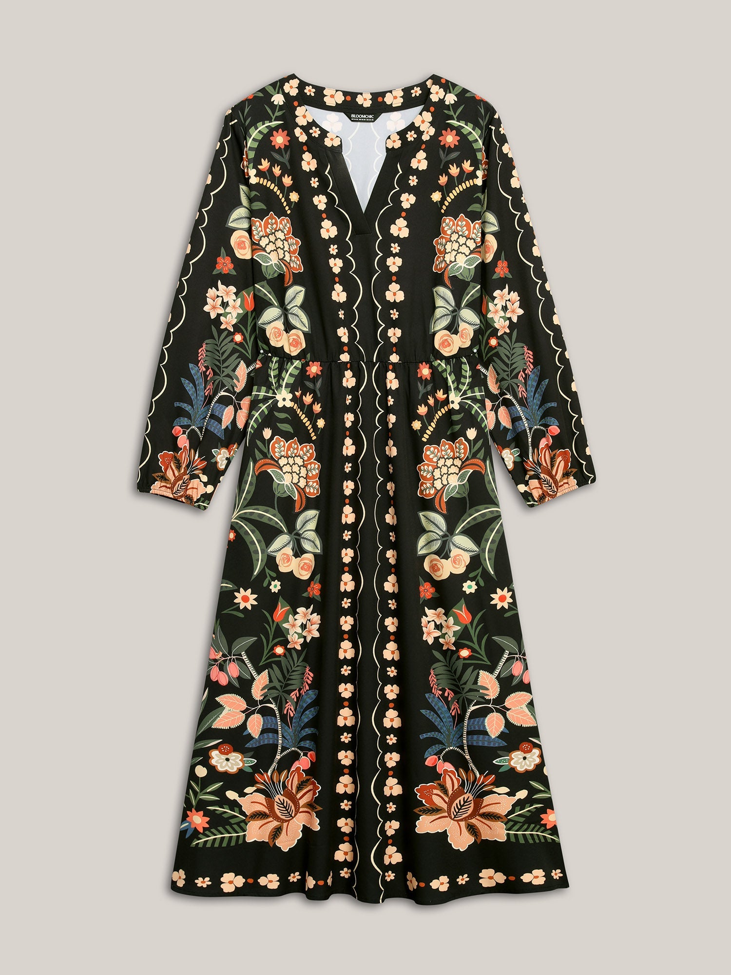 Floral Print Notched Collar Elastic Waist Dress