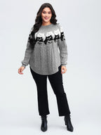 Color Block Cat Pattern Arc Hem Pullover