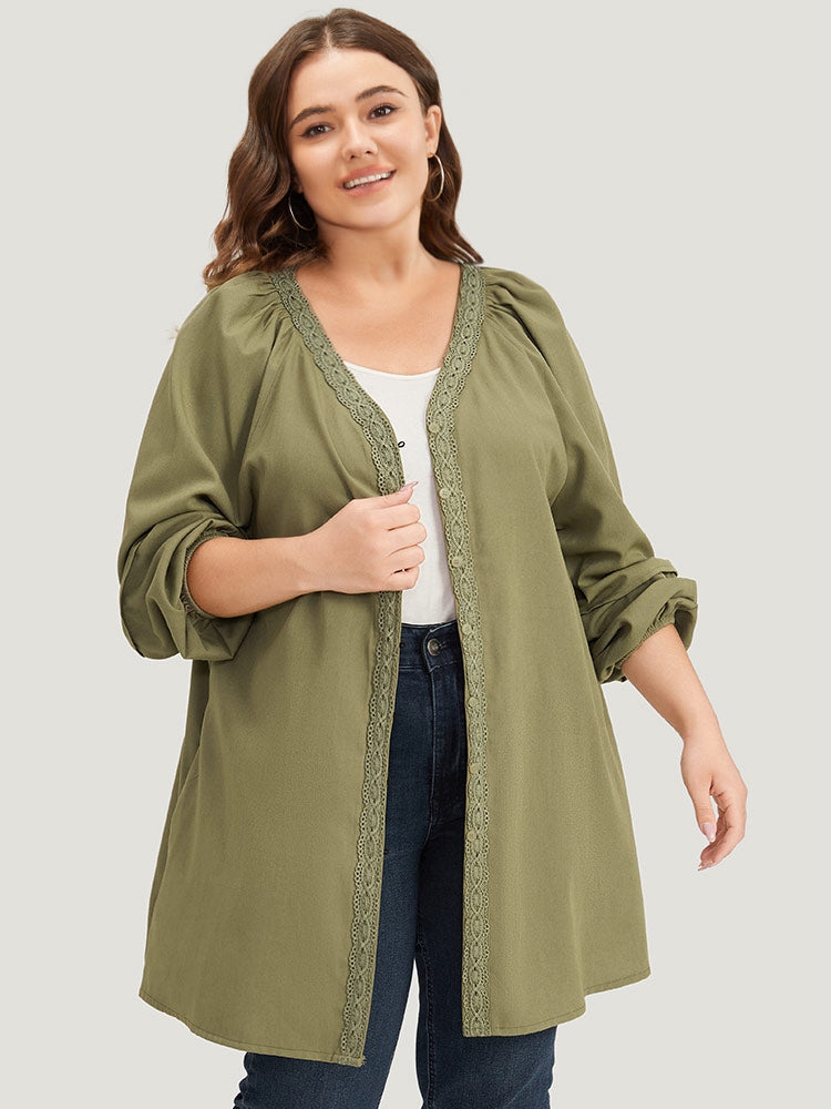 Plain Contrast Lace Lantern Sleeve Button Fly Coat