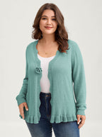 Supersoft Textured Floral Button Ruffled Hem Knit Cardigan