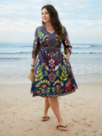 Boho Print V-Neck Pockets Midi Dress