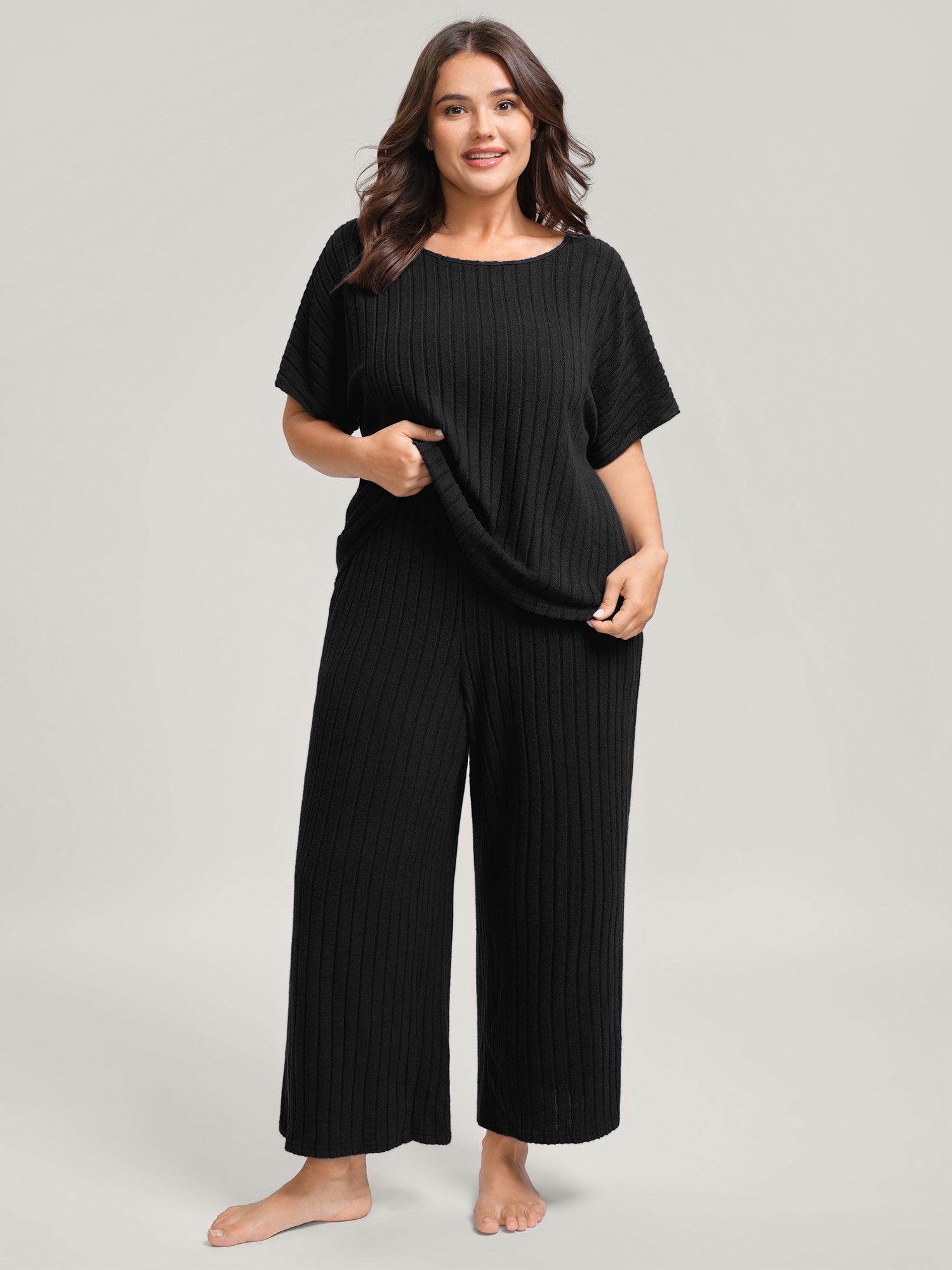Stretchy Pit Strip Solid Loungewear Set