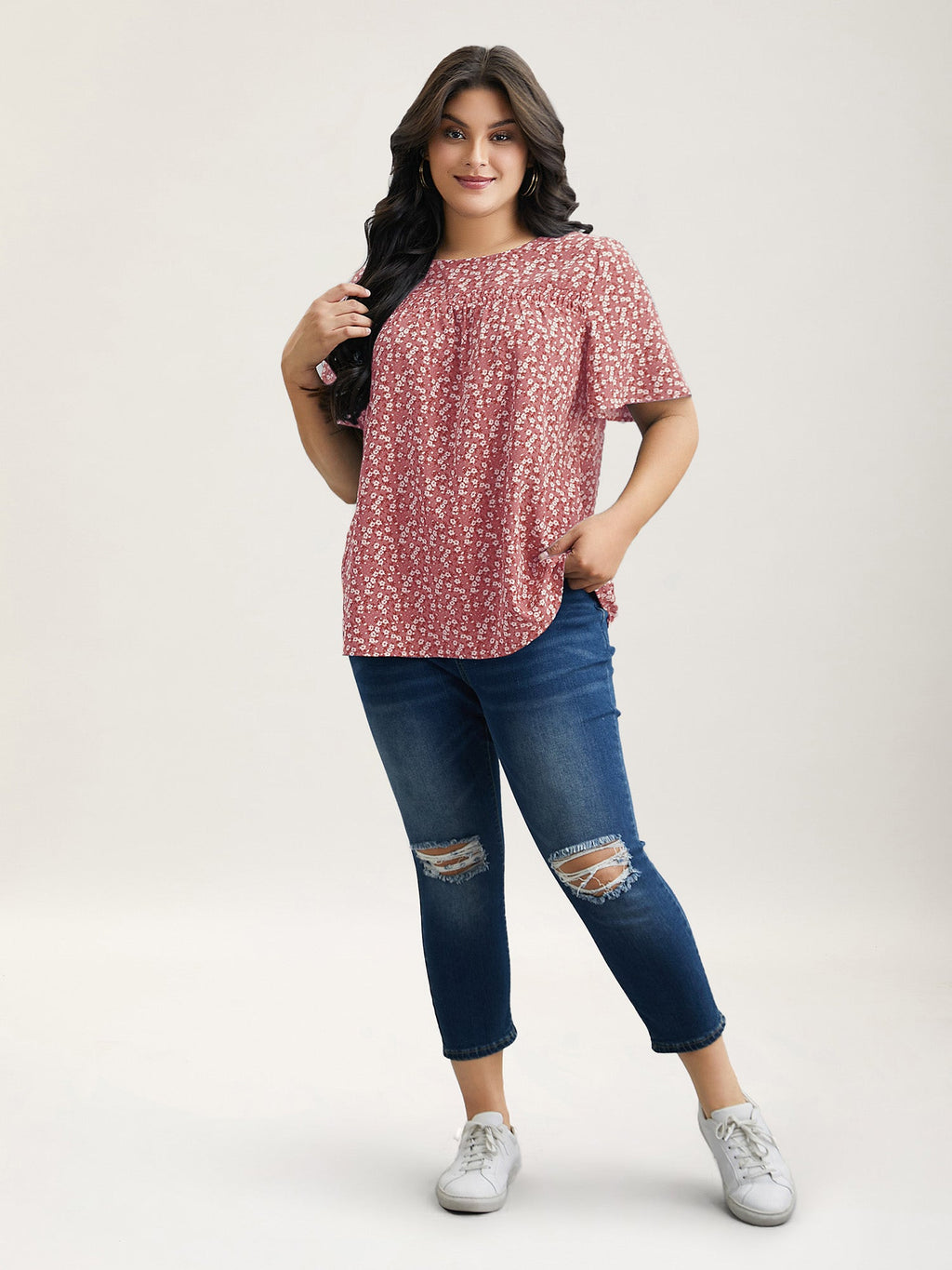 Floral Ruffle Sleeve Gathered Round Neck Blouse