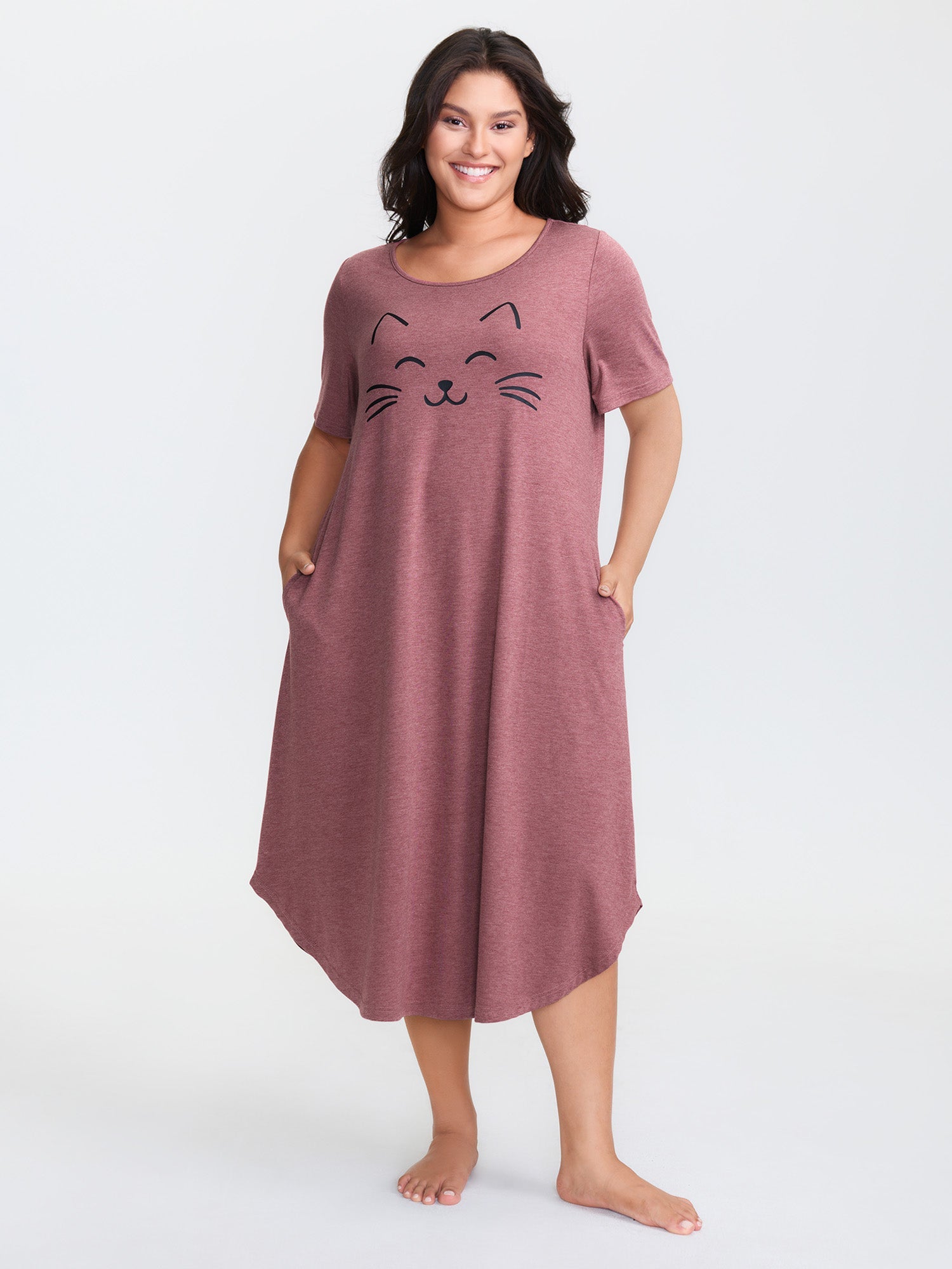 Happy Cat Print Stretchy Contrast Sleep Dress
