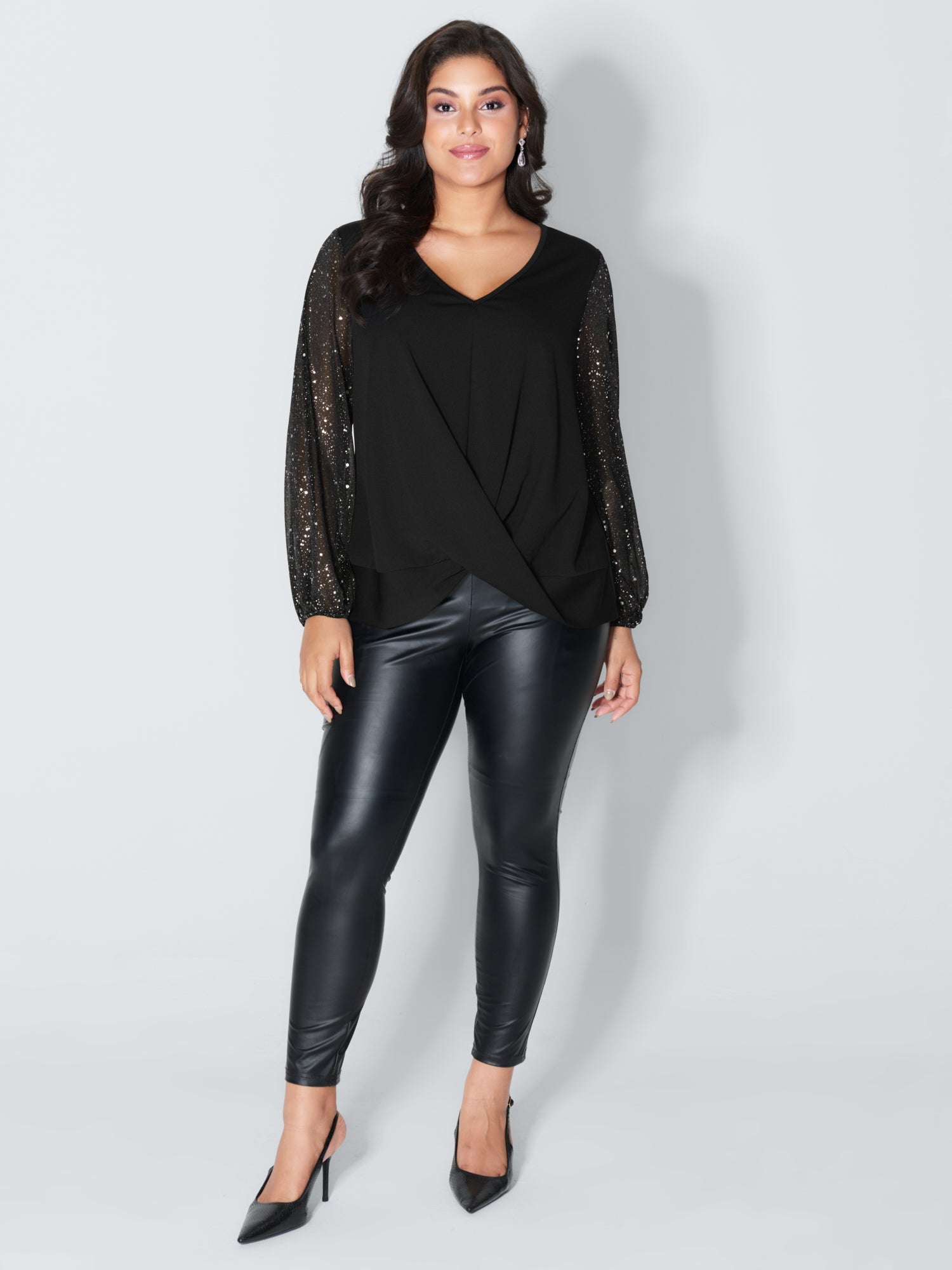 Shimmery Sleeve Knotted Hem Blouse