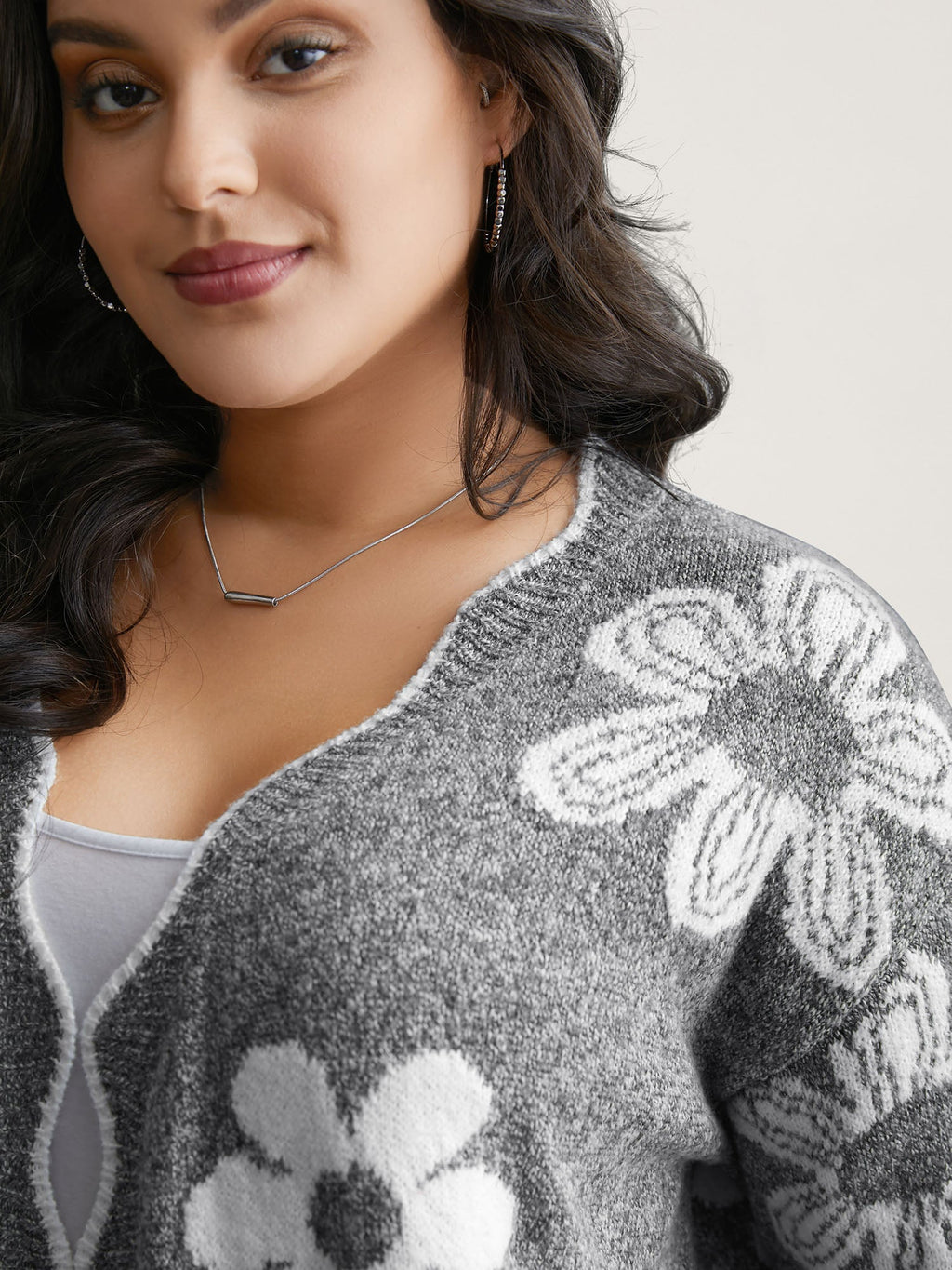 Floral Pattern Open-Front Knitted Cardigan