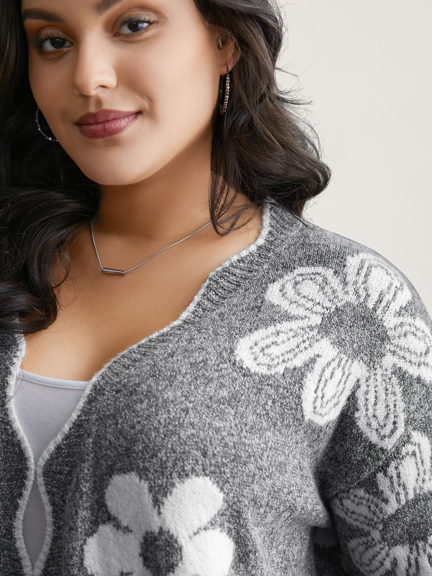 Floral Pattern Open-Front Knitted Cardigan