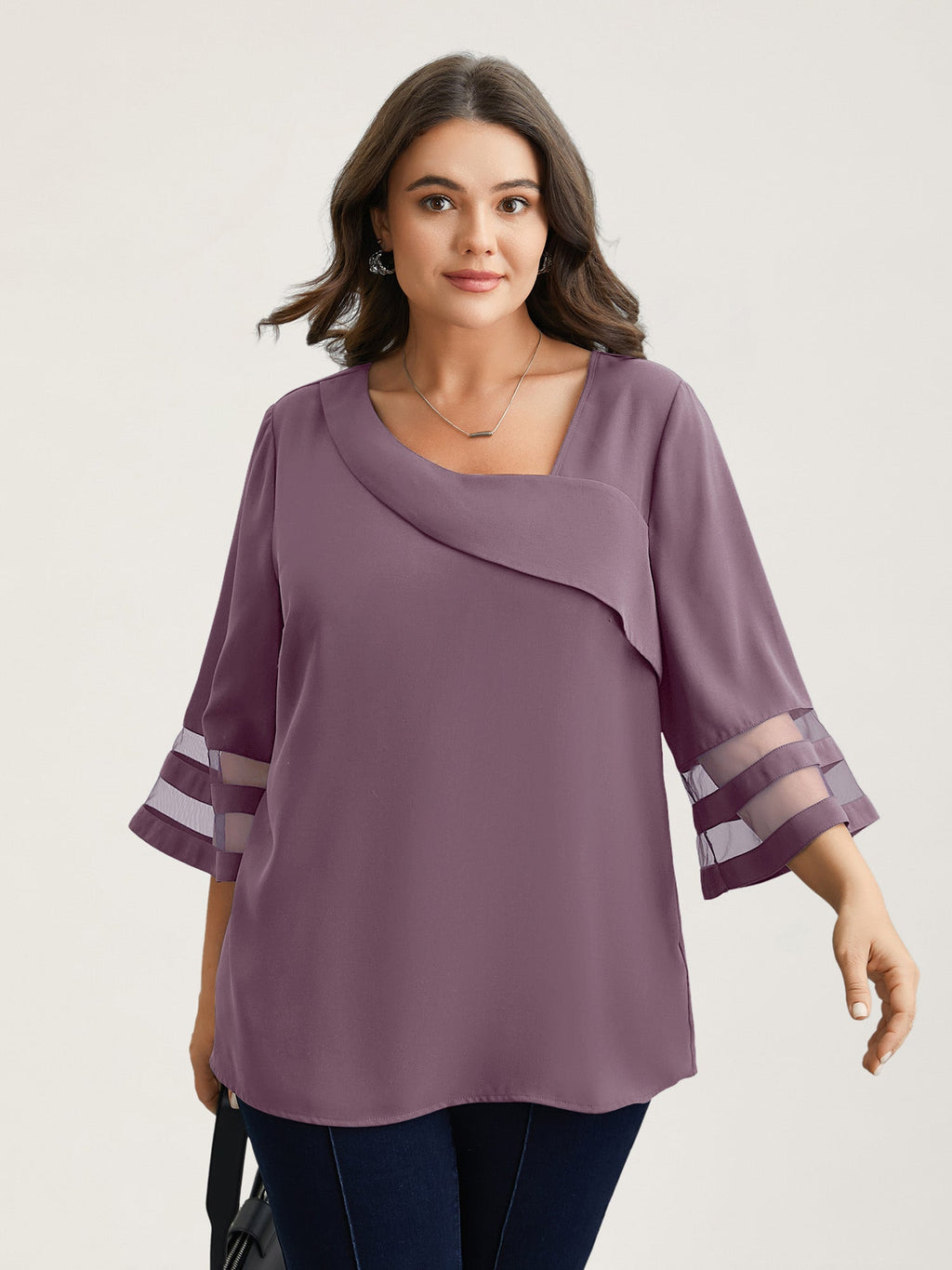 Sheer Sleeve Patchwork Asymmetrical Neckline Blouse