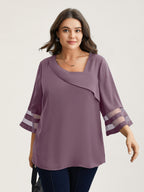 Sheer Sleeve Patchwork Asymmetrical Neckline Blouse