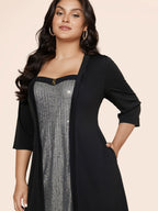 Heart Neckline Patchwork Sequin Button Detail Dress