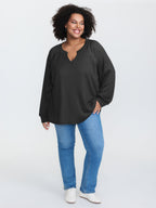 Waffle Grid Notched Collar Lace Sweatshirt