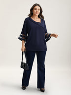 Sheer Sleeve Patchwork Asymmetrical Neckline Blouse