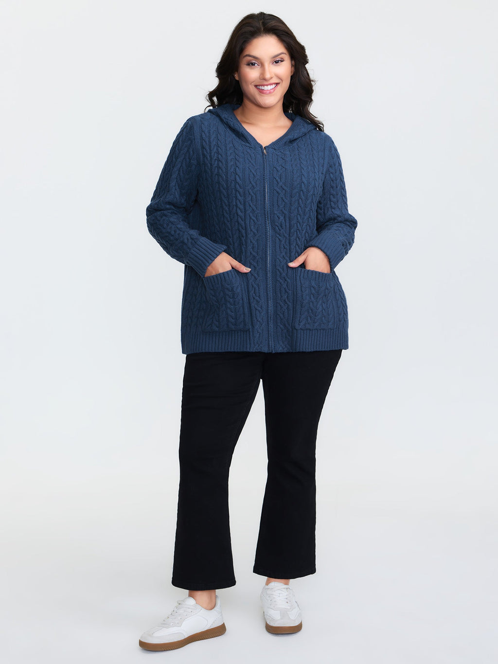 Cableknit Zipper Hooded Knit Cardigan