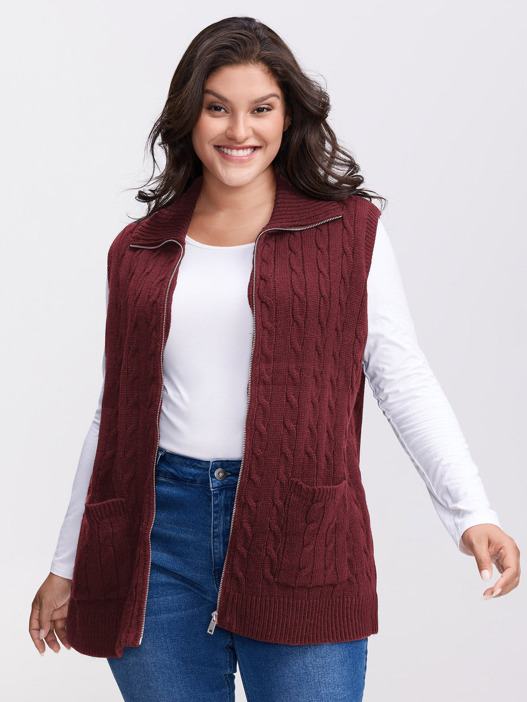 Cable Zipper Sleeveless Knit Cardigan