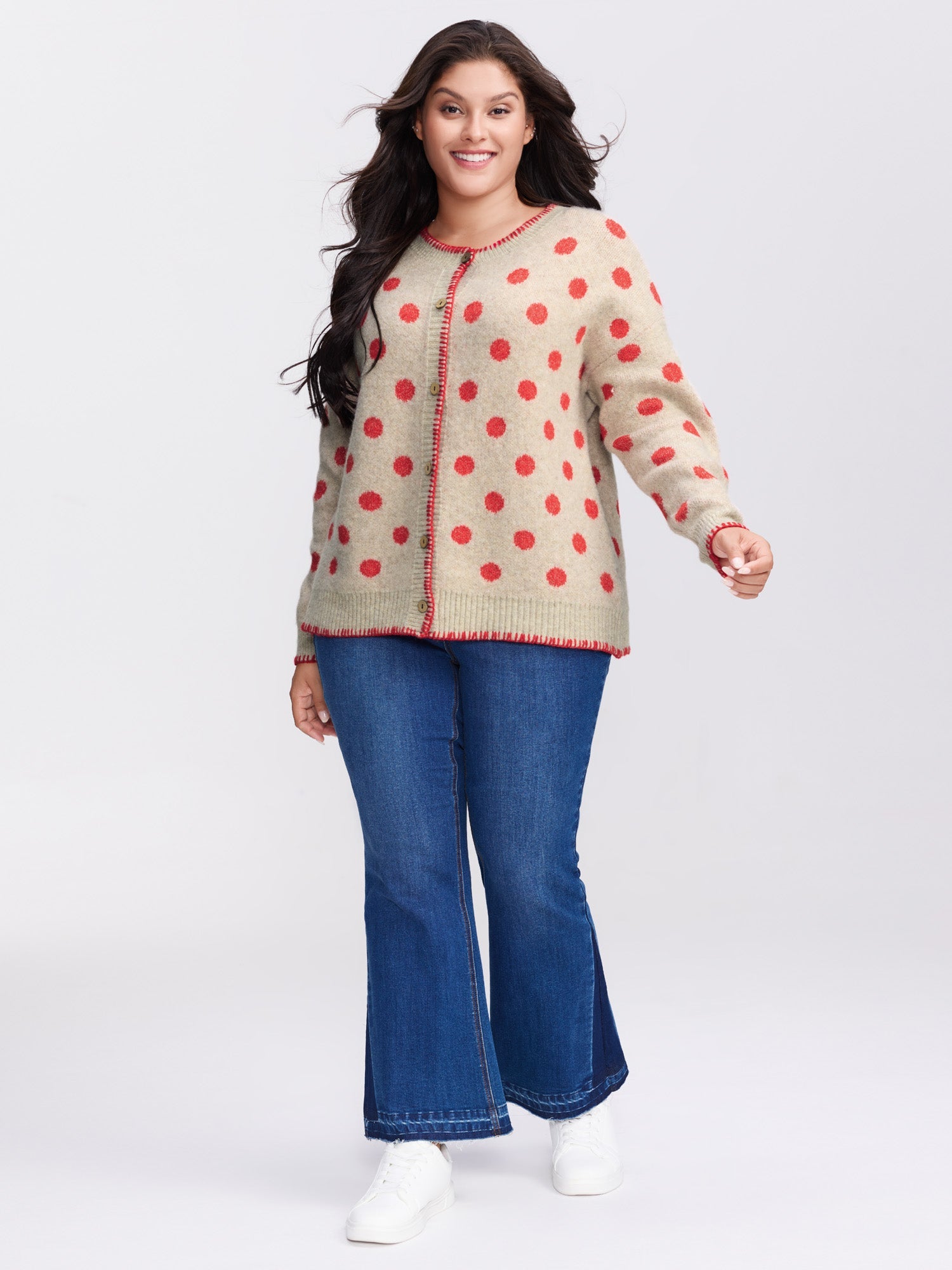 Polka Dots Jacquard Buttons Knit Cardigan