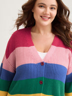 Colorblock Contrast Texture Button Cardigan