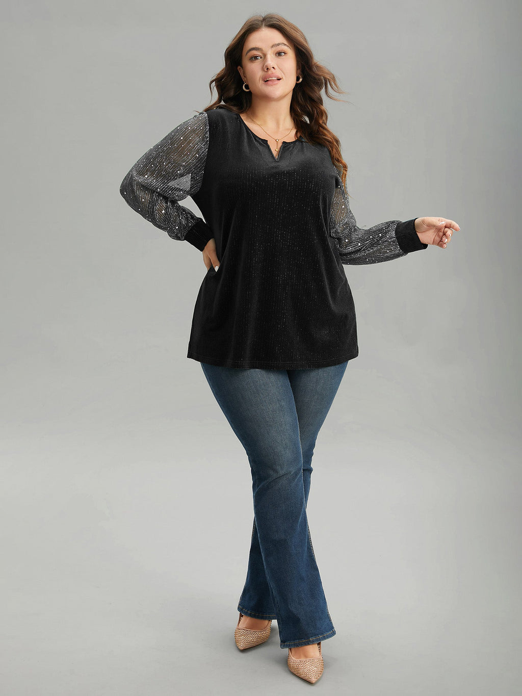 Velvet Patchwork Mesh Sequin Notched T-shirt